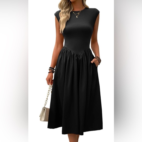 Amazon Dresses & Skirts - Amazon Black Midi Dress with Cap Sleeves